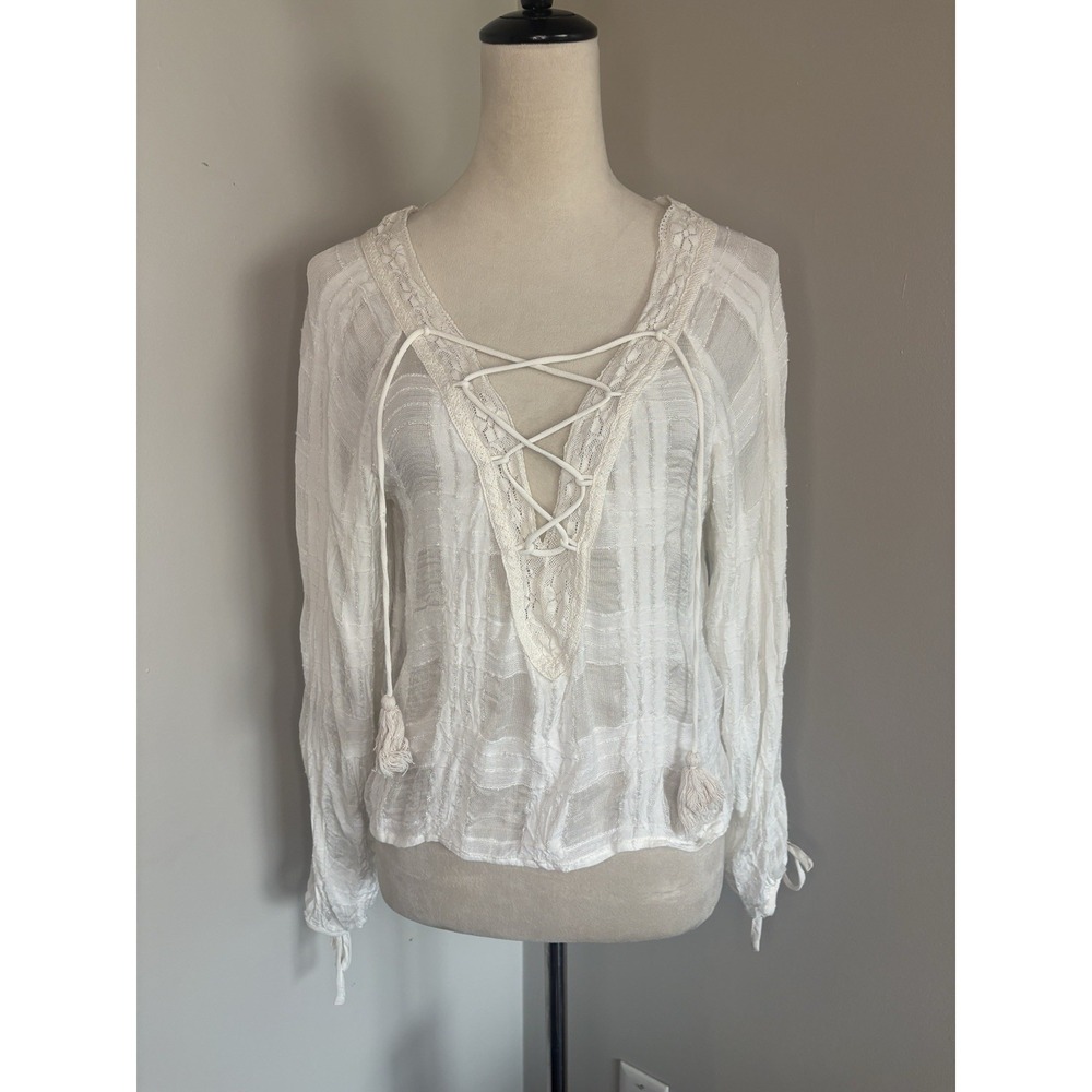 Ecote Lace Up Ivory Blouse Windowpane Semi Sheer Boho Cottage Coastal Top Medium